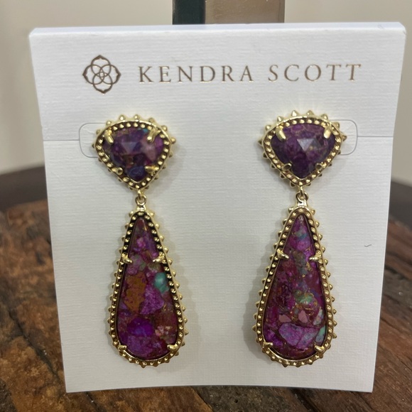 NWT Kendra Scott Payton Drop Earrings - Bronze Veined Purple Turquoise Magnesite - Picture 2 of 5